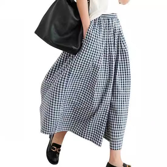 Damenhose aus Baumwoll-Leinen mit Karomuster